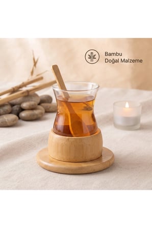 1 Adet Bambu Çay Seti – Borosilikat Cam Bardaklı Şık Sunum Takımı, Bambu Tabak Ve Kaşıklı Tea Set