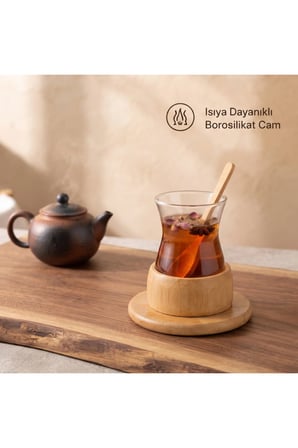 1 Adet Bambu Çay Seti – Borosilikat Cam Bardaklı Şık Sunum Takımı, Bambu Tabak Ve Kaşıklı Tea Set