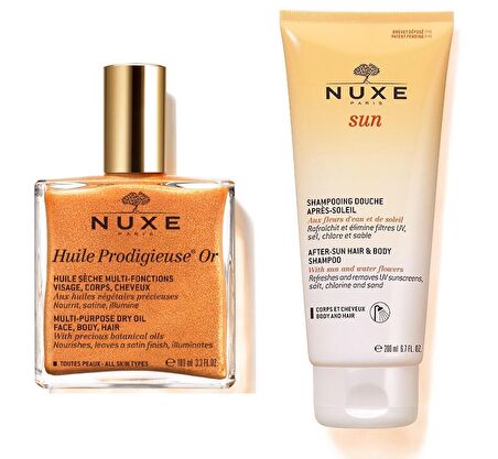 Nuxe Set 2 - Nuxe Huile Prodigieuse Or Altın Parıltılı Kuru Yağ 100 ml - Nuxe Sun Güneş Sonrası Şampuanı 200 ml