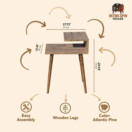 Retro Pikap Standı Atlantic Pine Renk Konik Ayaklı Plak Çalar Masası Raflı LP Plak Saklama 62*45*30 cm
