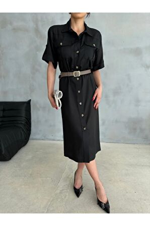 Önü düğmeli ve beli kemerli midi elbise