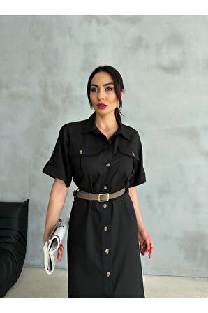 Önü düğmeli ve beli kemerli midi elbise