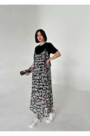 Çift parça görünümlü sloganlı elbise