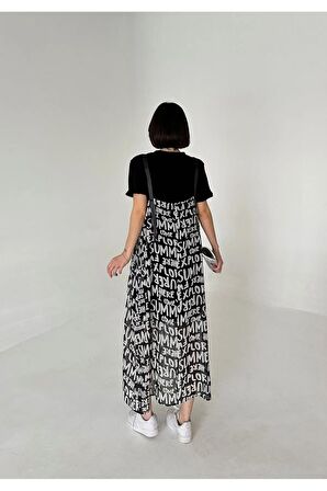 Çift parça görünümlü sloganlı elbise