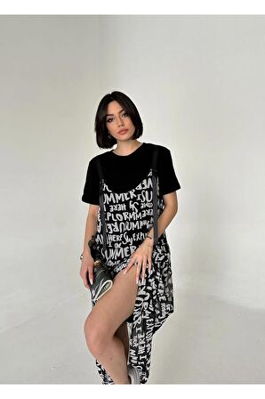 Çift parça görünümlü sloganlı elbise