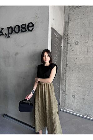 Cutout detaylı kontrast dokulu elbise