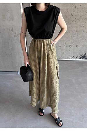 Cutout detaylı kontrast dokulu elbise