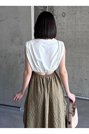 Cutout detaylı kontrast dokulu elbise