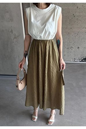 Cutout detaylı kontrast dokulu elbise