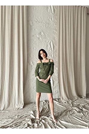 Mini madonna yaka kemer ve bağcık detayla keten elbise