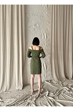 Mini madonna yaka kemer ve bağcık detayla keten elbise