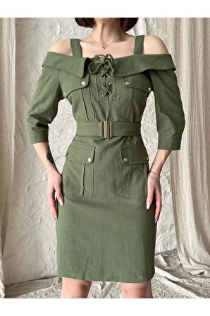 Mini madonna yaka kemer ve bağcık detayla keten elbise