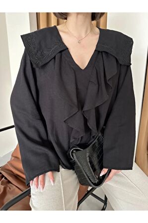 Dekoratif nakış,işleme detaylı fırfırlı gömlek