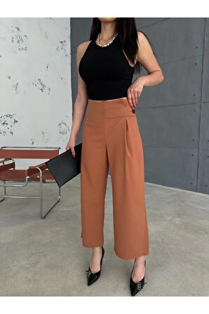 Önü düğmeli ve pens detaylı bantlı pantolon