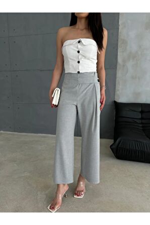 Önü düğmeli ve pens detaylı bantlı pantolon