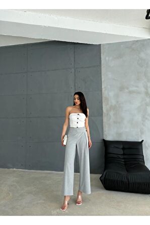 Önü düğmeli ve pens detaylı bantlı pantolon