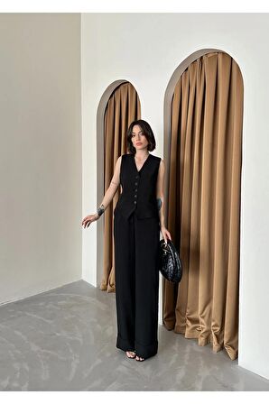 Paça detaylı yelekli keten takım