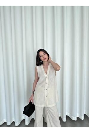 Yelekli keten takım