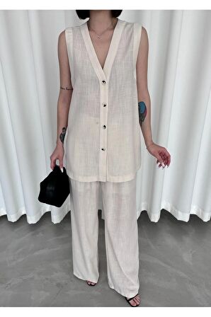 Yelekli keten takım