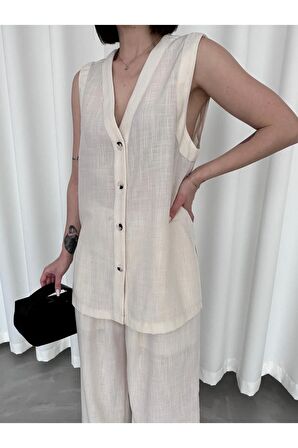 Yelekli keten takım