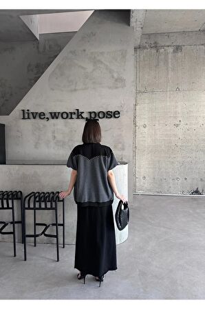 Raw edge detaylı, non denim yeleği takımı midi etek