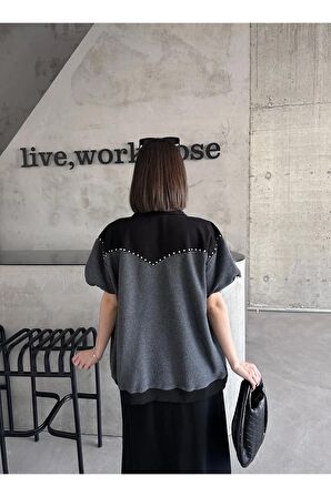 Raw edge detaylı, non denim yeleği takımı midi etek