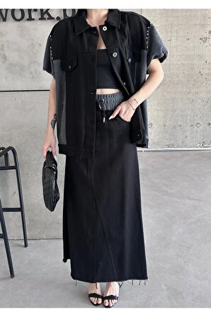 Raw edge detaylı, non denim yeleği takımı midi etek