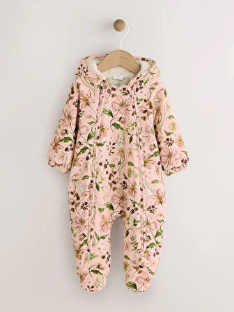 Next Baby Krem Kahve  Pembe Tam Polar Astarlı Kapüşonlu Astronot Tulum