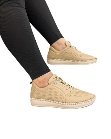 Voyager Z094 Zn Kadın Bej Nata Hakiki Deri Günlük Spor Ayakkabı