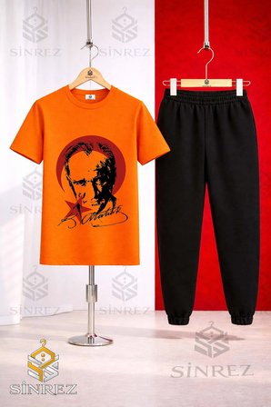 Çocuk ATATURK KIRMIZI AY YILDIZLI SIYAH Baskılı Tişort Eşofman Takımı