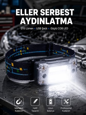 Kompakt LED Kafs Feneri USB Şarjlı Manyetik 2 Işık Modlu 215 Lümen Yeni Nesil