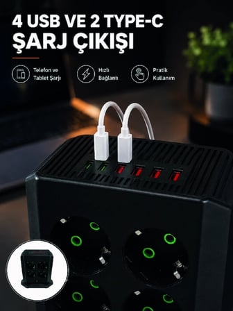8'li Dikey Çoklu Priz 4 Usb 2 Type-c Akım Korumalı Anahtarlı Priz