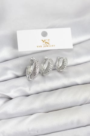 Pirinç Gümüş Renk Zirkon Taşlı Halka Model YSX Trio Küpe Seti