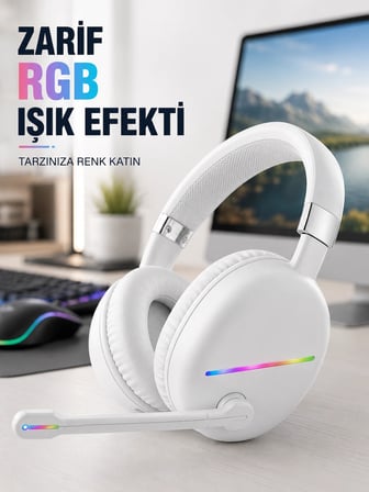 Bluetooth 5.0 Beyaz Kulak Üstü Kablosuz Kulaklık Mikrofonlu RGB Aydınlatmalı