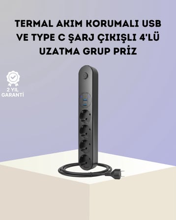 Akım Korumalı Çoklu Priz 4’lü 2 USB 1 Type-C 2500W Güçlü Tasarım