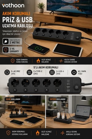 Akım Korumalı 5’li Priz 2xusb 2xtype-c Çıkış Akım Koruma Çoklu Priz Çoğaltıcı Anahtarlı Ftr-31 Siyah