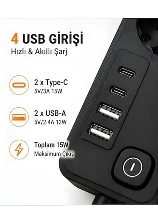 Akım Korumalı 5’li Priz 2xusb 2xtype-c Çıkış Akım Koruma Çoklu Priz Çoğaltıcı Anahtarlı Ftr-31 Siyah