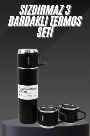 Termos Seti Paslanmaz Çelik 3 Bardaklı Vakumlu Termos Set 500 Ml 12 Saate Kadar Isı Koruma