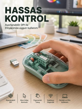 Şeffaf Tasarımlı Bluetooth Kablosuz Mouse Pilli Kullanım Yeni Nesil