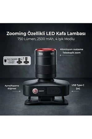 Bxt1fl 10w Şarj Edilebilir Kafa Feneri 750 Lümen 2500mah 4 Işık Modlu Zoom Özellikli Led Kafa