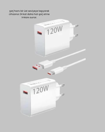 120W Hızlı Şarj Başlığı Ultra Güçlü Type-C Adaptör Kablo Dahil