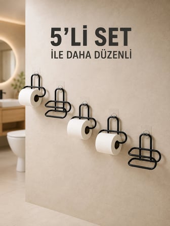 Yapışkanlı Tuvalet Kağıdı Askısı Siyah Metal Delmeden Montaj WC Kağıtlık 5 Adet
