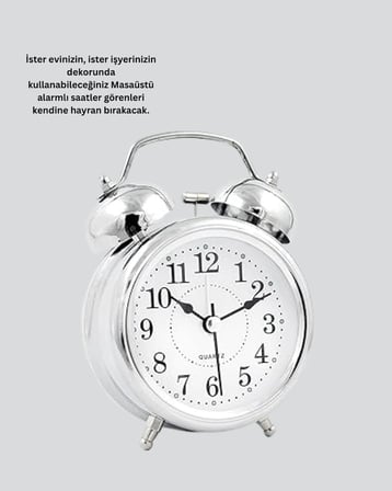 Gümüş Renkli Sessiz Işıklı Dekoratif Masa Üstü Çalar Saat Alarmlı