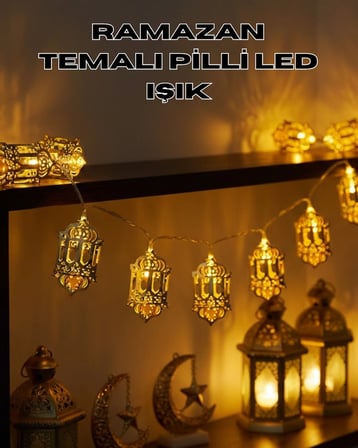 Pilli Ramazan Işıkları Altın Renk Fener Figürlü Led Süsleme