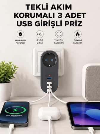Isıya Dayanıklı 3 USB Portlu Güvenlikli Priz – Akıllı Enerji Yönetimi
