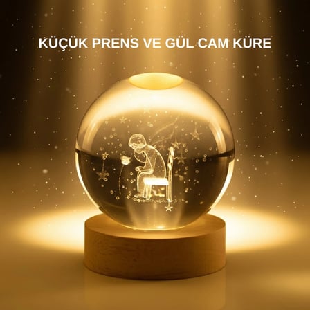 Küçük Prens Cam Küre USB Işıklı Ahşap Standlı Büyük Boy