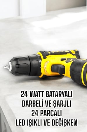 Çift Bataryalı Metal Dişli Darbeli Şarjlı Matkap Seti 24w Güç Ve 24 Parça Aksesuar
