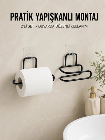 2 Adet Yapışkanlı WC Kağıtlık Siyah Metal Pratik Duvar Tipi Rulo Tutucu
