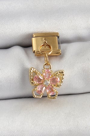316L Çelik Sallantılı Zirkon Taşlı Çiçek Figürlü Kelebek Model Gold Renk Nomination Charm