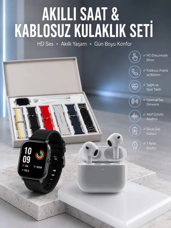7 Kordonlu Akıllı Saat Ve 3.nesil Kulaklık Dokunmatik Ekran Sesli Görüşme Yapabilen